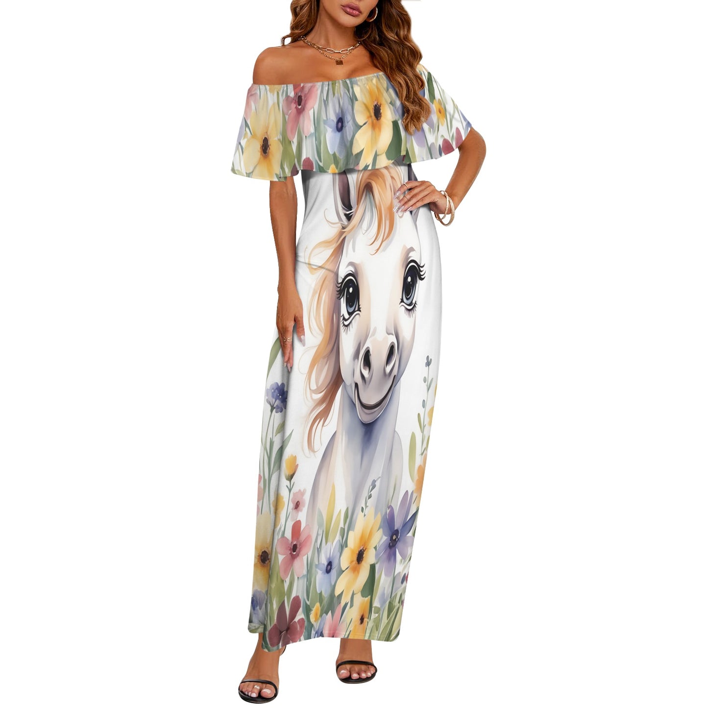 Horse awd304 Women's Off Shoulder Ruffle Boat Neck Dress (Model D71)