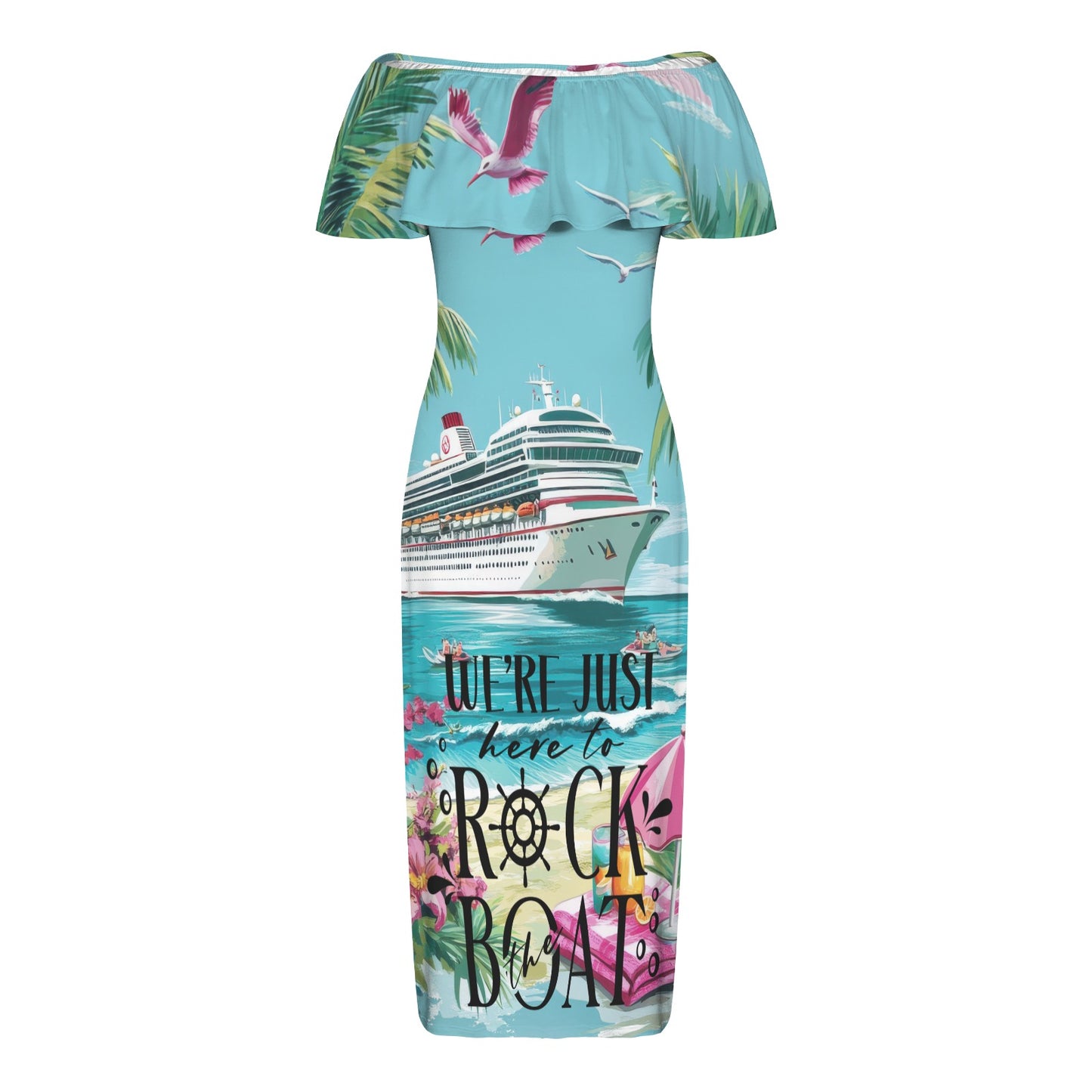 rock the boat Women's Off Shoulder Ruffle Boat Neck Dress (Model D71)