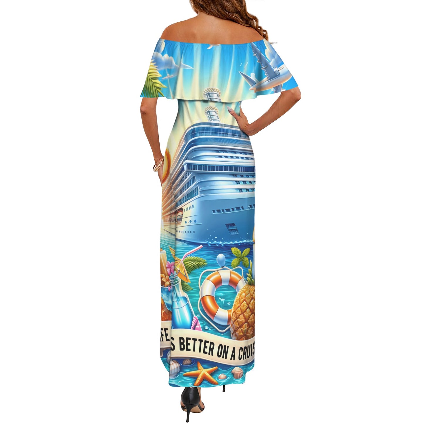Lifes better on a cruise Women's Off Shoulder Ruffle Boat Neck Dress (Model D71)