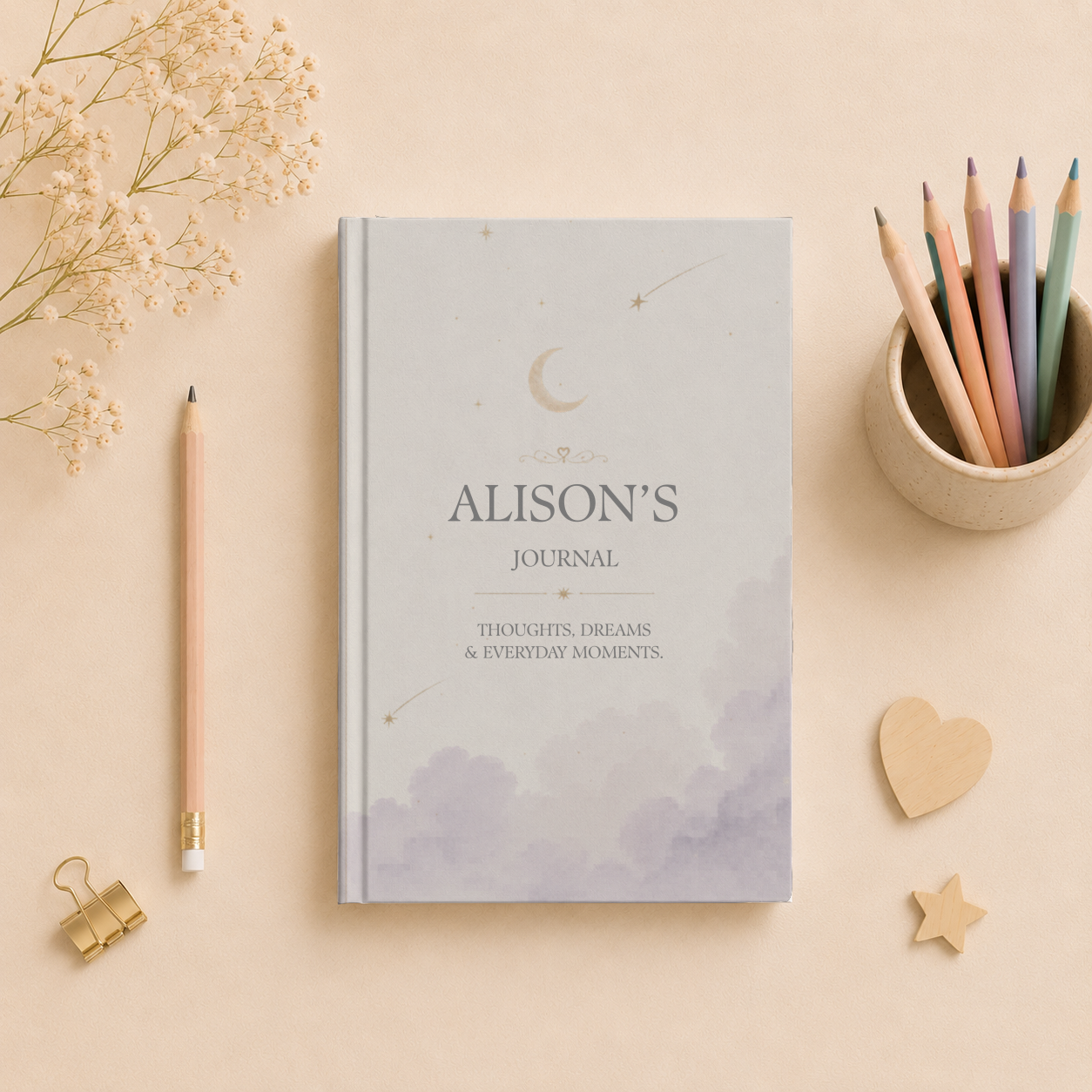 Personalized Hardcover Journal, Custom Matte Diary, Thoughtful Gift, Moon and Stars Design, Journaling Notebook