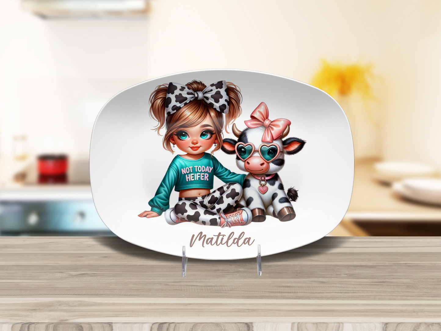 Personalised Girl with Bunny, Cow, Monkey, Penguin, Puppy, Racoon, Swan, Teddy Bear, Zebra Plates