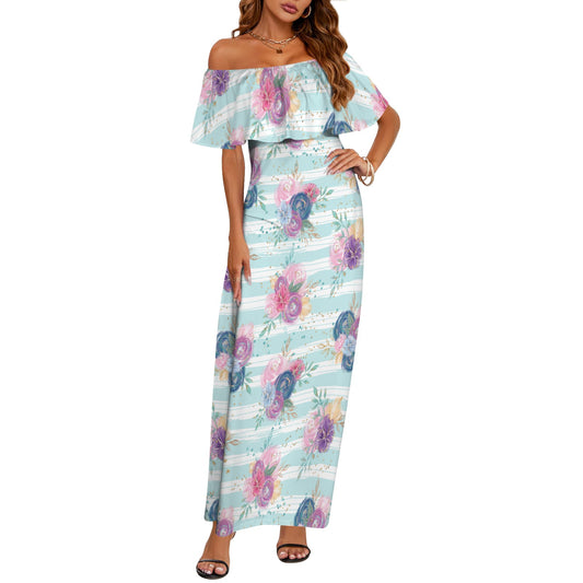 Purple and Pink floral Blue Stripes Women's Off Shoulder Ruffle Boat Neck Dress (Model D71)