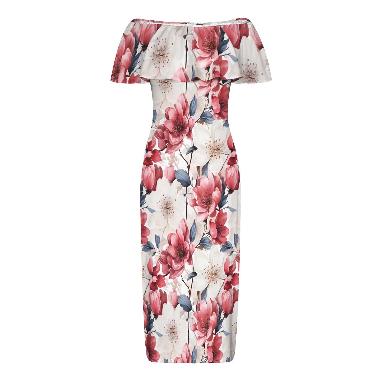 Pink Floral Small Women's Off Shoulder Ruffle Boat Neck Dress (Model D71)