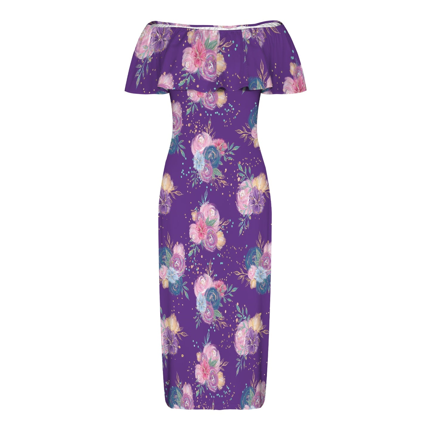 Purple Floral Women's Off Shoulder Ruffle Boat Neck Dress (Model D71)