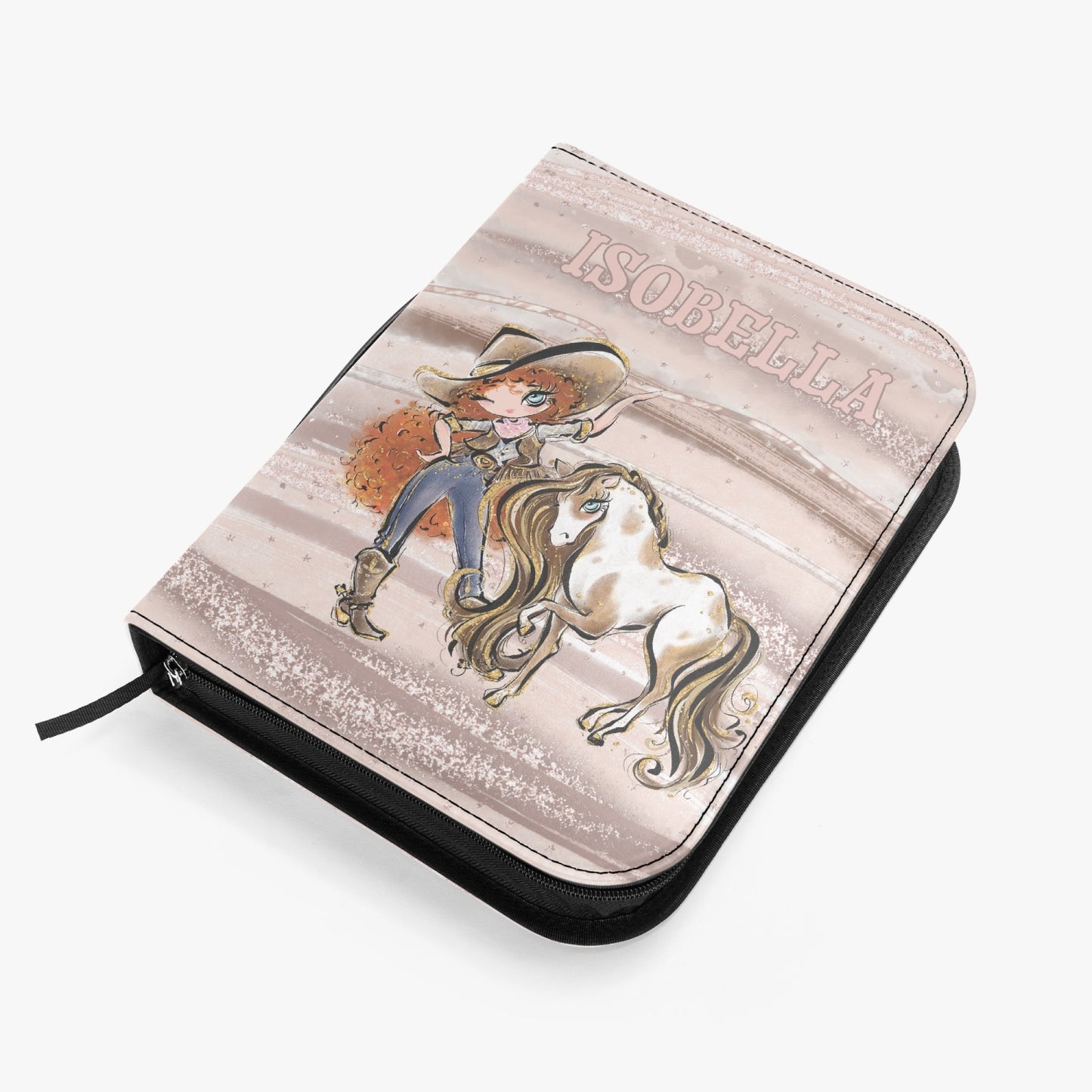 Book/Bible Cover, Howdy, Cowgirl and Horse, Red Curly Hair, Blue Eyes