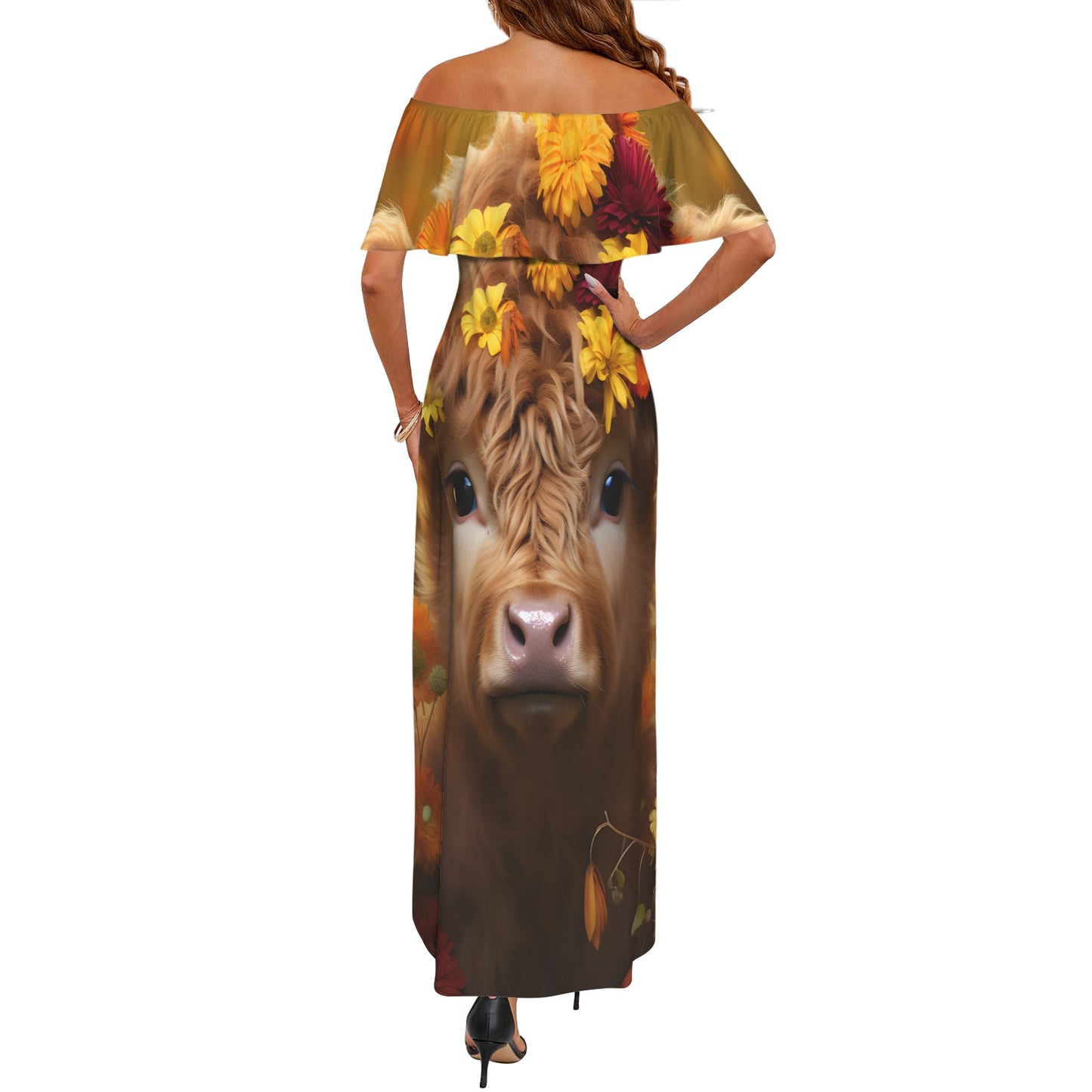 Highland Cow awd48 Women's Off Shoulder Ruffle Boat Neck Dress (Model D71)
