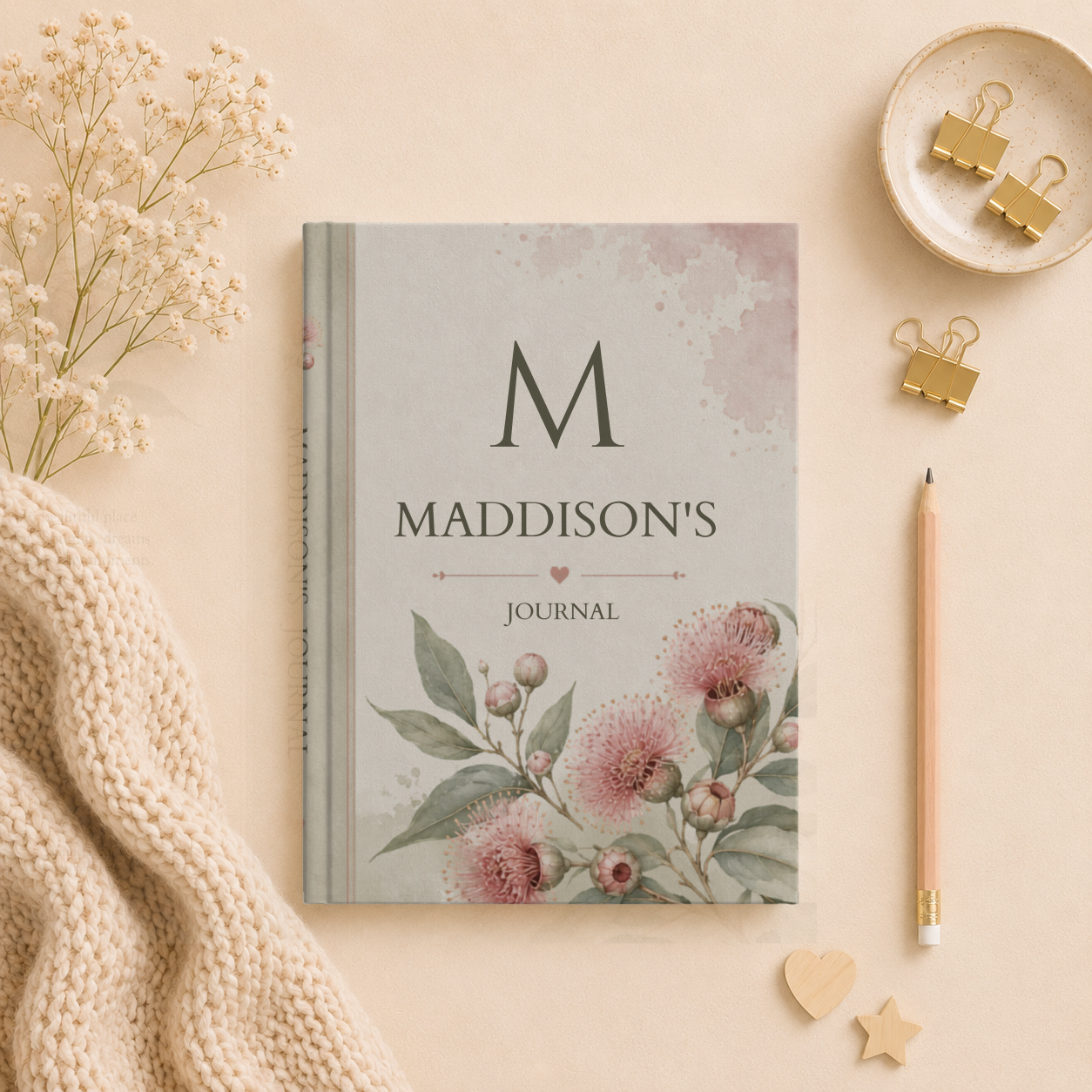 Personalized Hardcover Journal, Australian Bush Gum Blossom Floral Custom Notebook, Gift for Writers, Unique Matte Cover Diary, Botanical Print