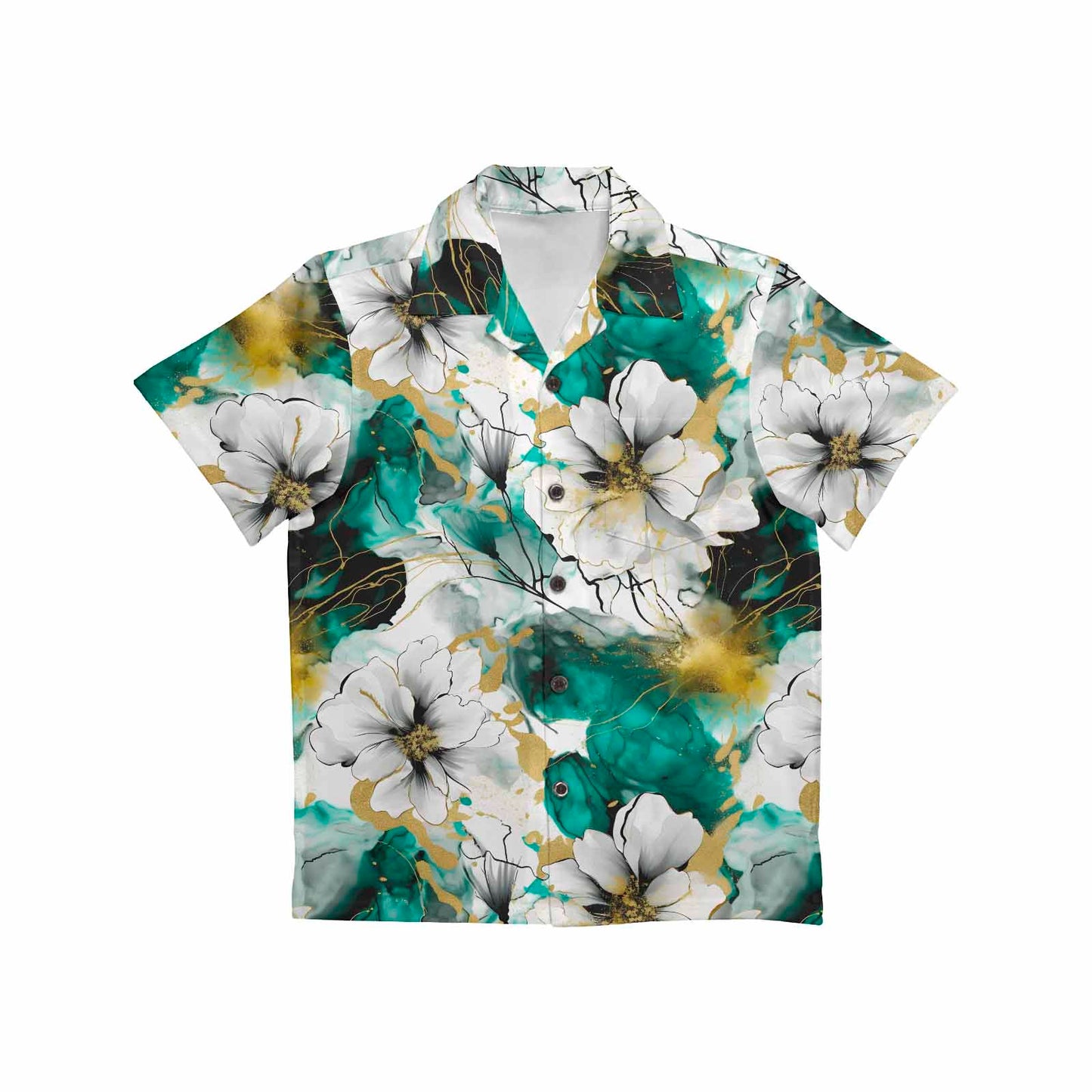 Green and White Ink Floral  Little Boys Hawaiian Shirt