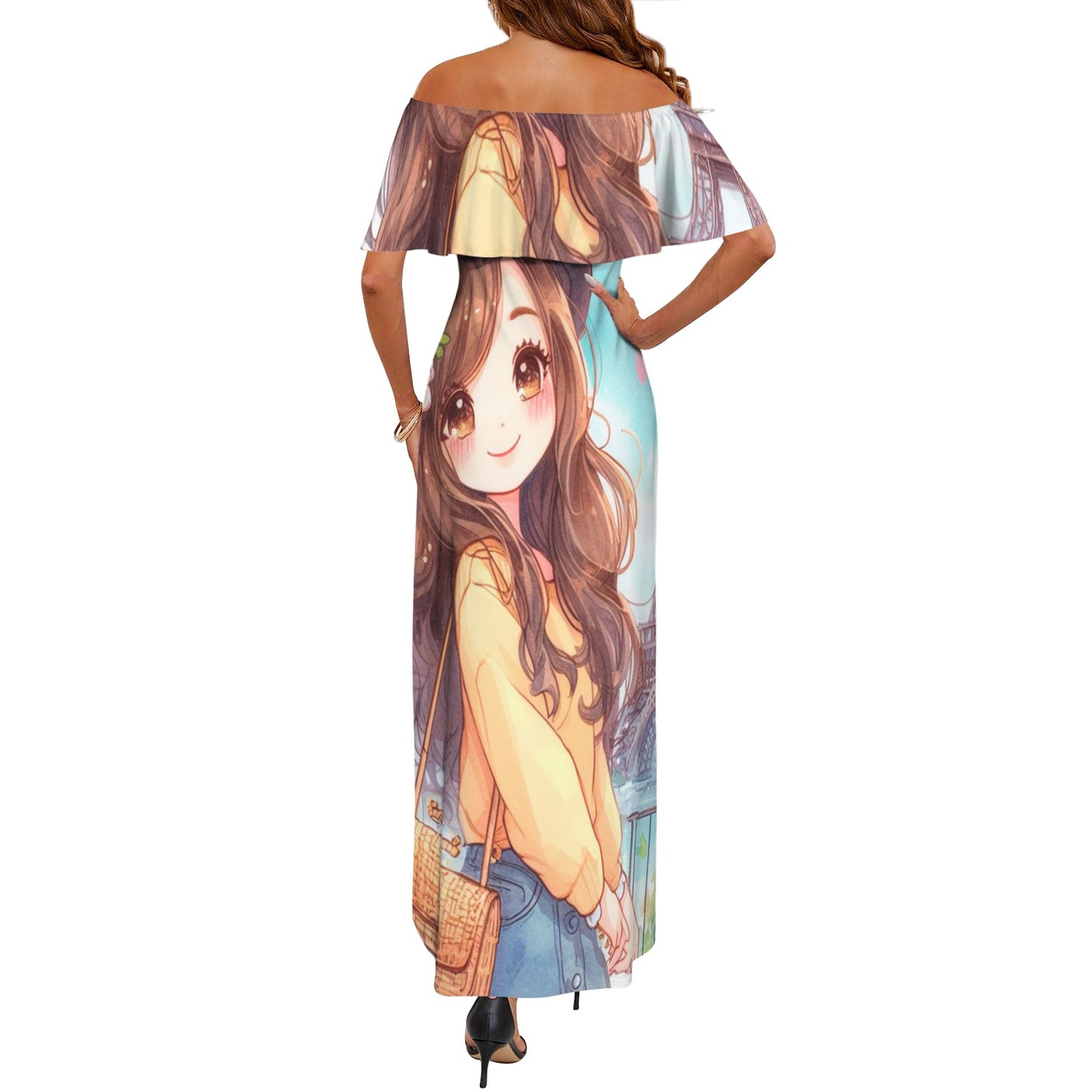 Girl 6 Women's Off Shoulder Ruffle Boat Neck Dress (Model D71)