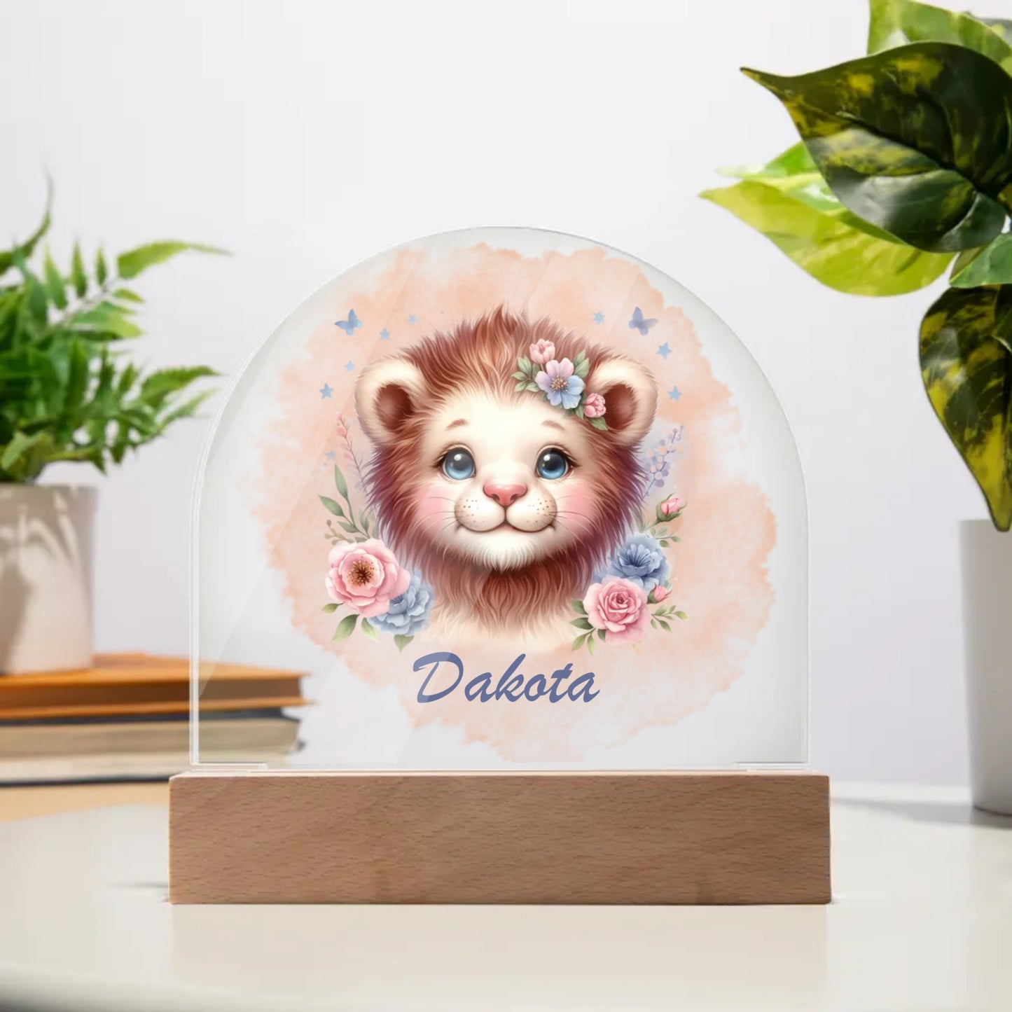 Personalised Lion Acrylic Dome Plaque Wooden Base Night Light