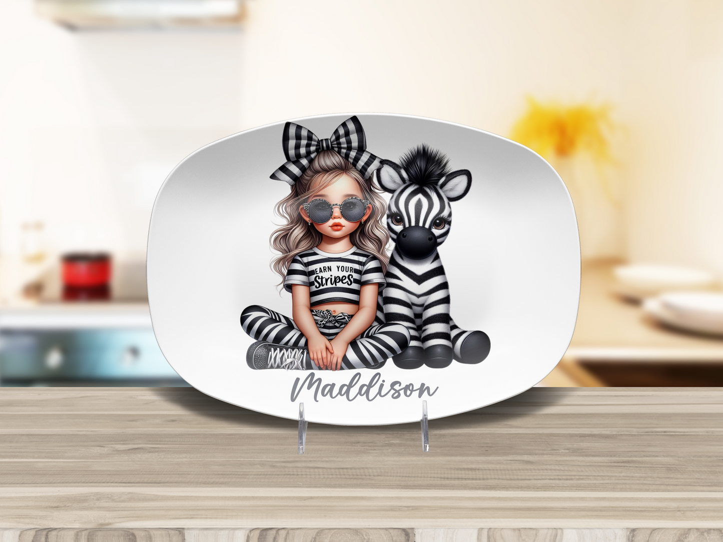 Personalised Girl with Bunny, Cow, Monkey, Penguin, Puppy, Racoon, Swan, Teddy Bear, Zebra Plates