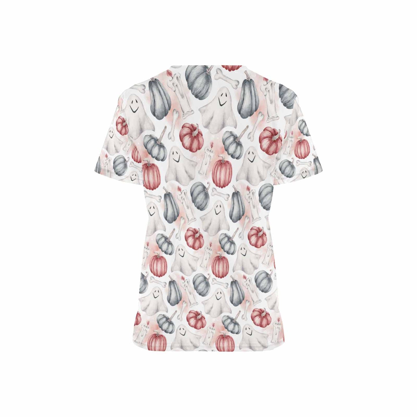 Watercolour Halloween Ghosts  Women's V Neck Scrub Top Nurse Uniform with Deep Front Pockets