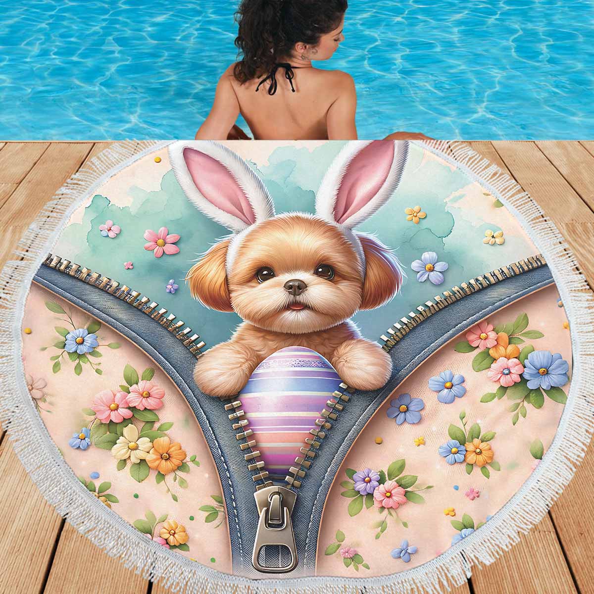 Easter Puppy Awd1309  Circular Beach Shawl 59"