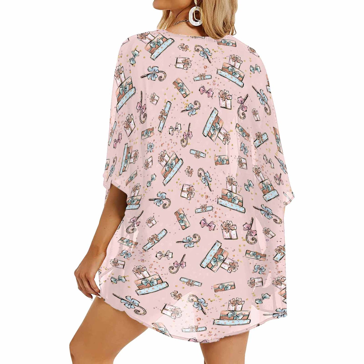 Pink Christmas Women's Kimono Chiffon Cover Up