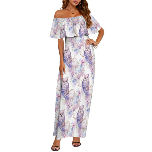 Pastel Owls Women's Off Shoulder Ruffle Boat Neck Dress (Model D71)
