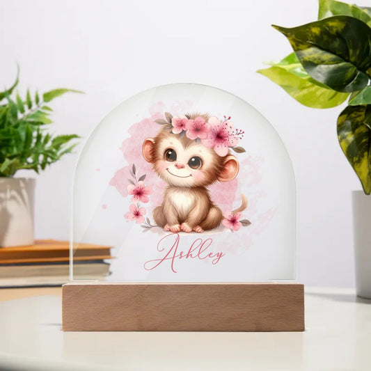 Personalised Monkey Acrylic Dome Plaque Wooden Base Night Light