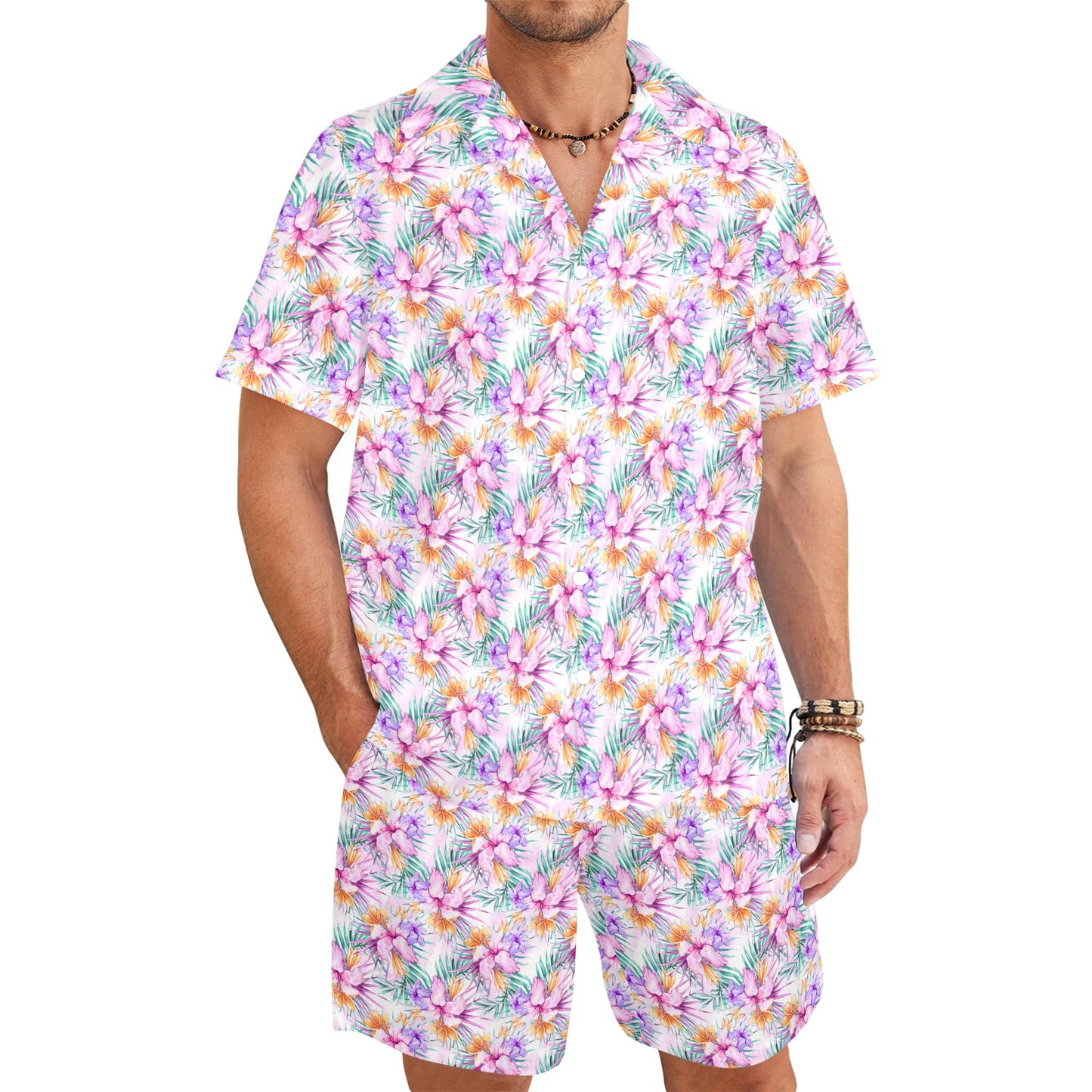 Men's Shirt & Shorts Set Purple Hibiscus Men's Shirt and Shorts Outfit (Set26)