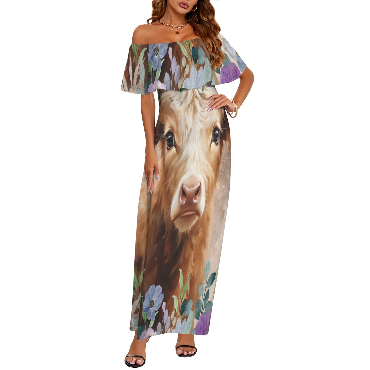 Highland Cow awd424 Women's Off Shoulder Ruffle Boat Neck Dress (Model D71)