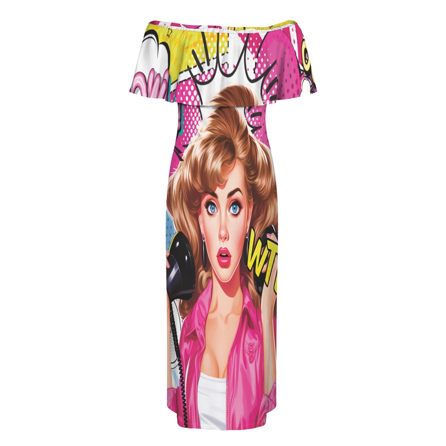 Pop Art awd444 Women's Off Shoulder Ruffle Boat Neck Dress (Model D71)