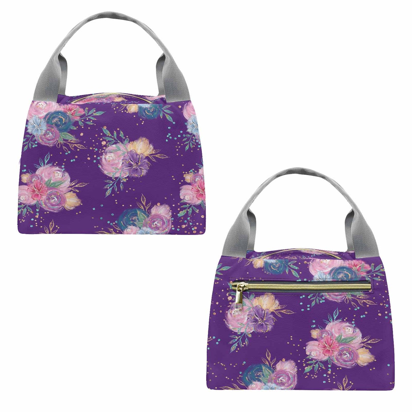 Purple Floral  Portable Lunch Bag-Grey Handle