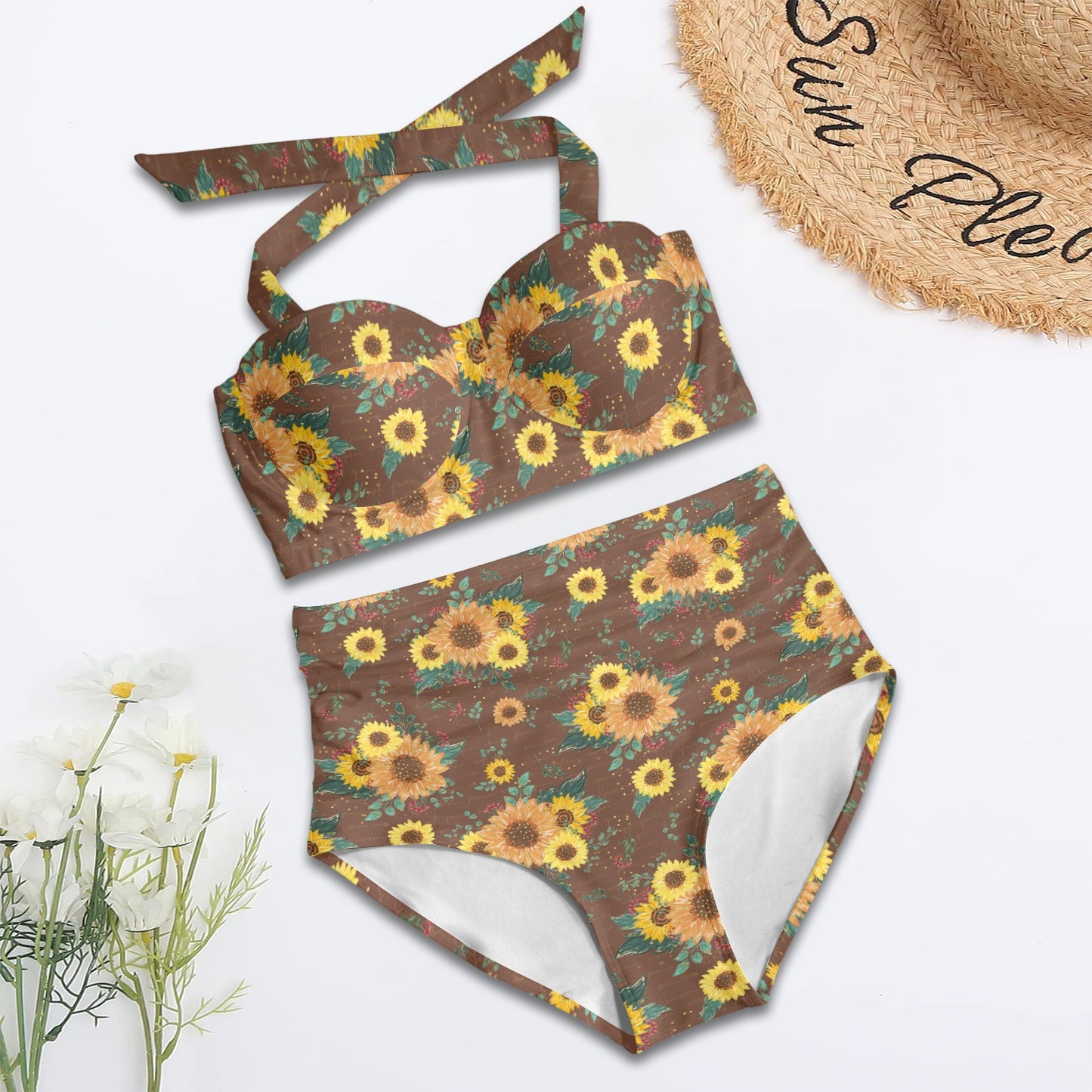 Women's Halter Neck Gather Chest Bikini Swimsuit, Sunflowers Women's Halter Neck Gather Chest Bikini Swimsuit