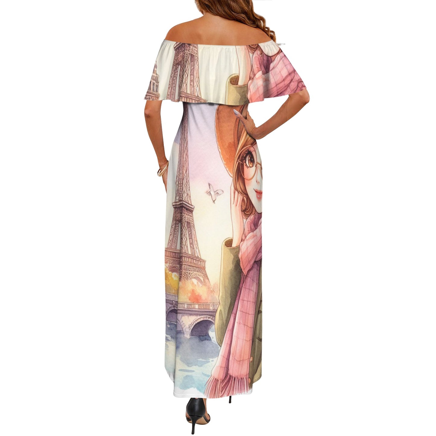 Girl 12 Women's Off Shoulder Ruffle Boat Neck Dress (Model D71)