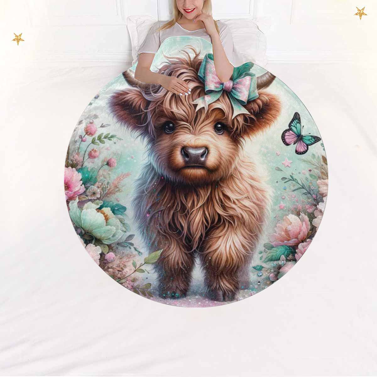 Higland Cow Awd1418  Circular Micro Fleece Blanket 60"
