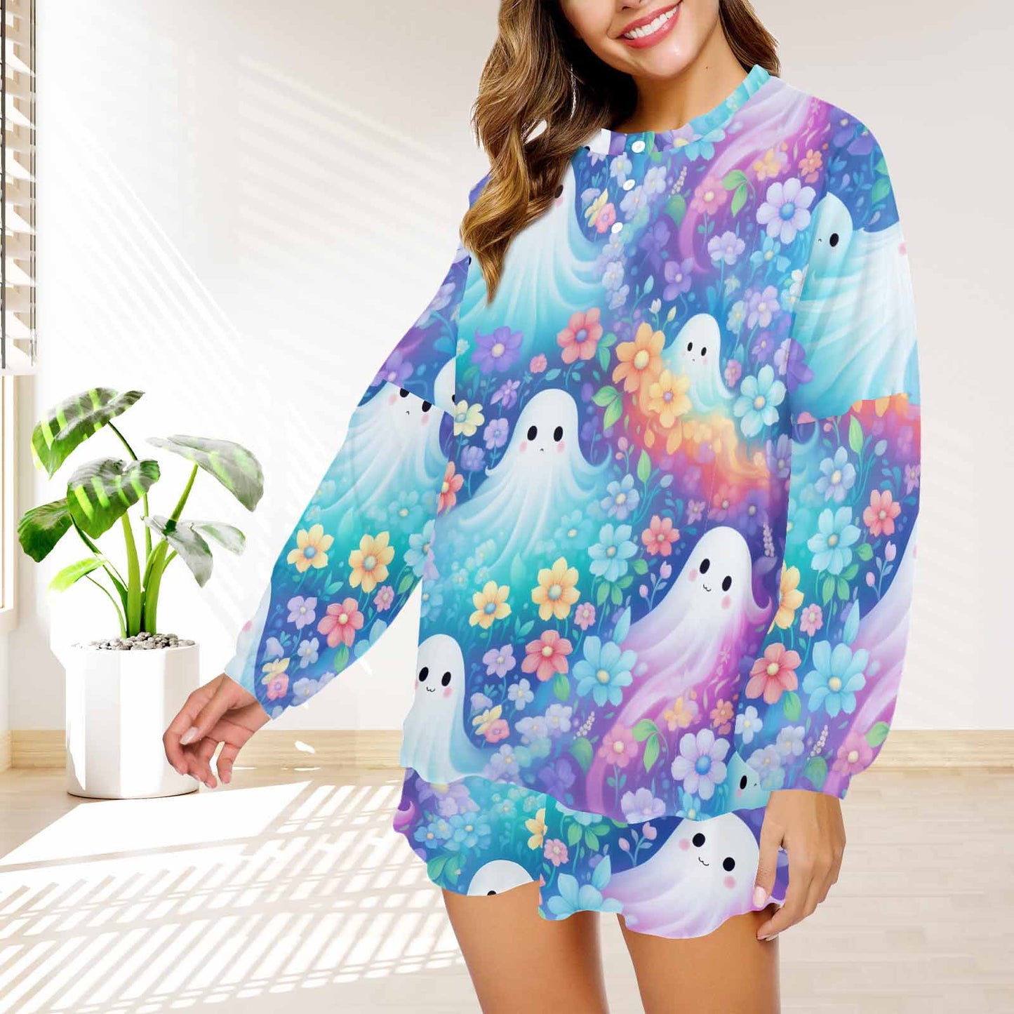 Pastel Halloween  Women's Long Sleeve Pajama Set with Shorts