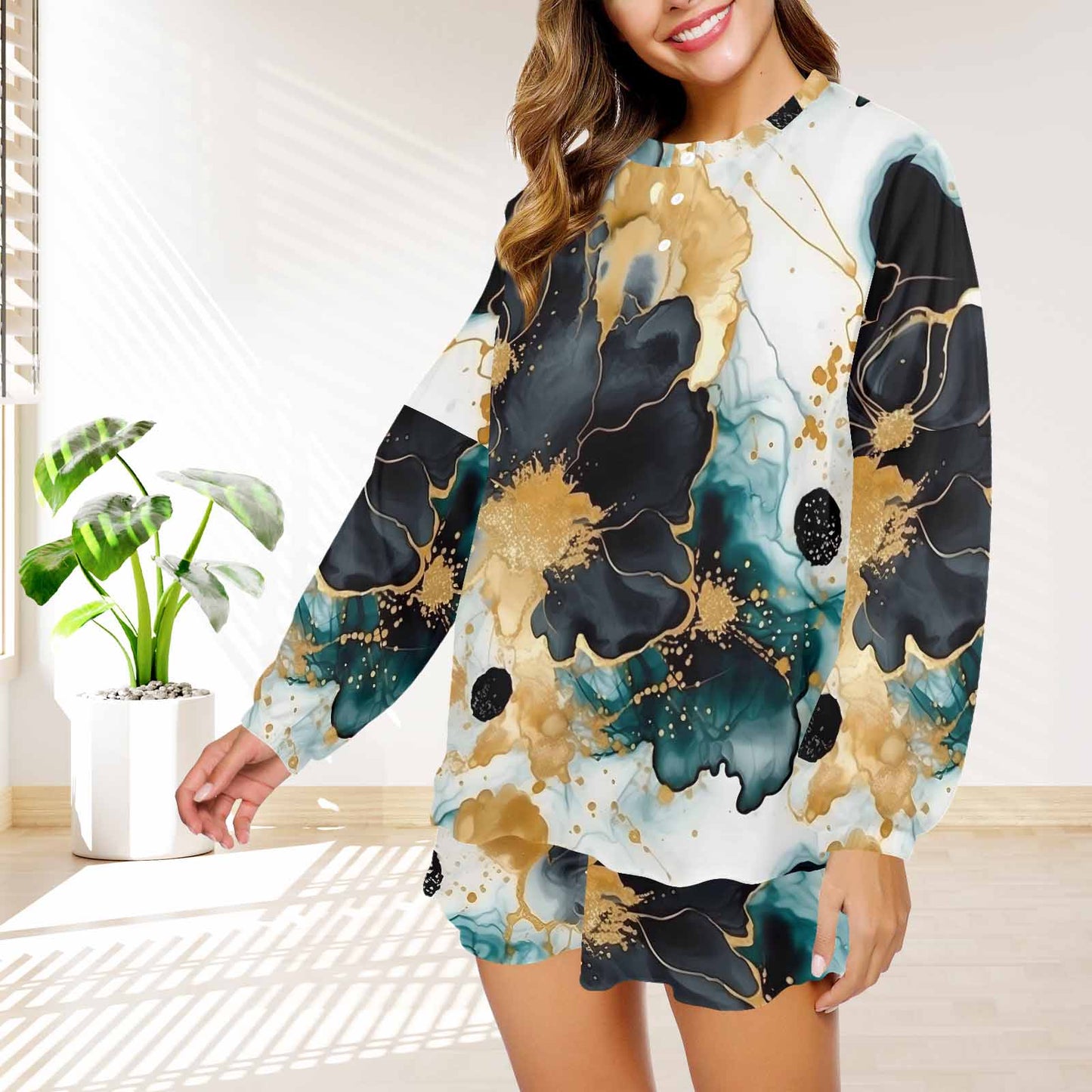 Black Gold & Green Ink Floral  Women's Long Sleeve Pajama Set with Shorts