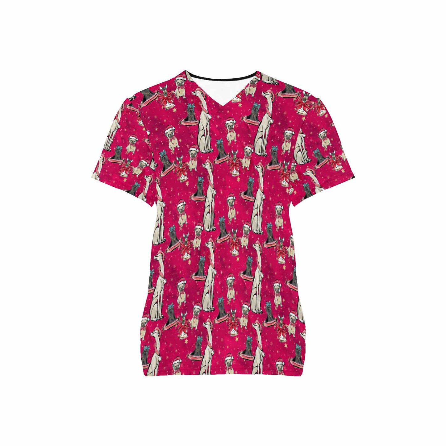 Doggie Christmas Red  Women's V Neck Scrub Top Nurse Uniform with Deep Front Pockets