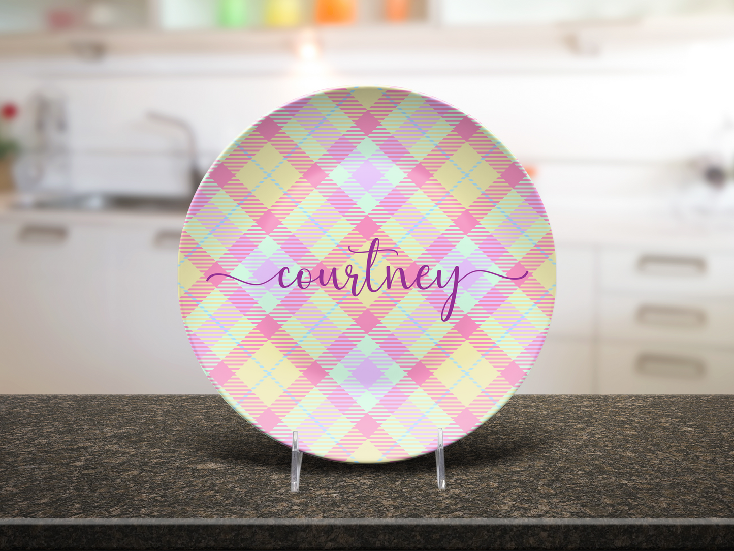 Pastel Plaid Pink Lemon Lilac Personalised Plate