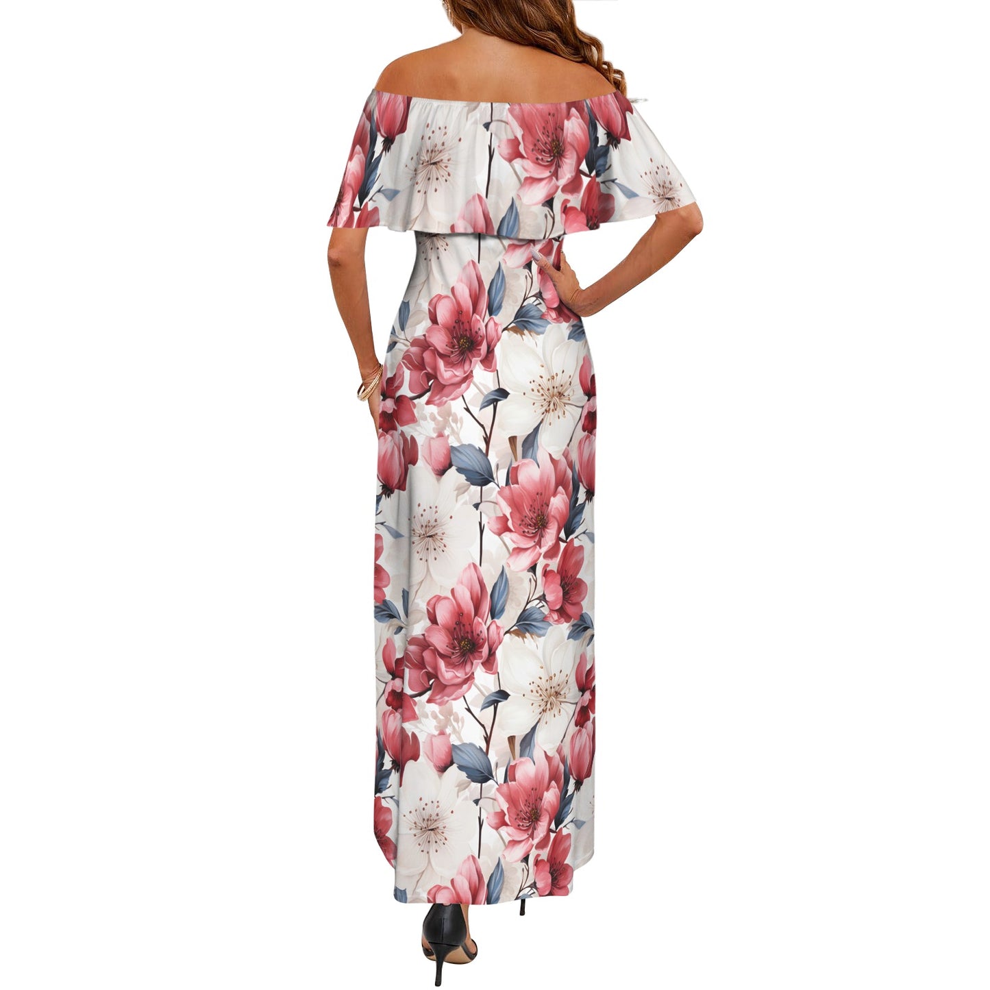 Pink Floral Small Women's Off Shoulder Ruffle Boat Neck Dress (Model D71)