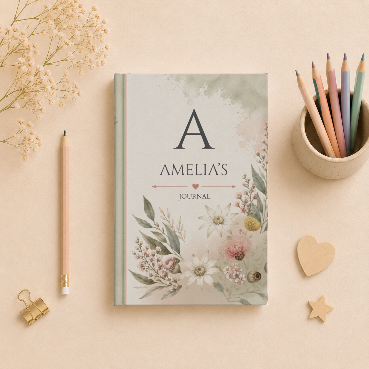 Australian Wildflower Hardcover Journal, Personalized Notebook, Custom Initial Diary, Gift for Writers, Matte Finish Journal, Elegant Floral Design