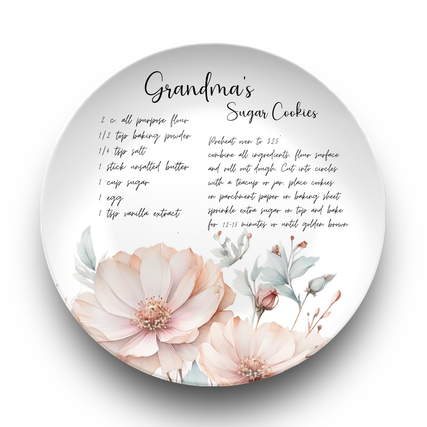 Personalised Teal & Rose Wildflowers Handwritten Family Recipe Heirloom Plate/Platter