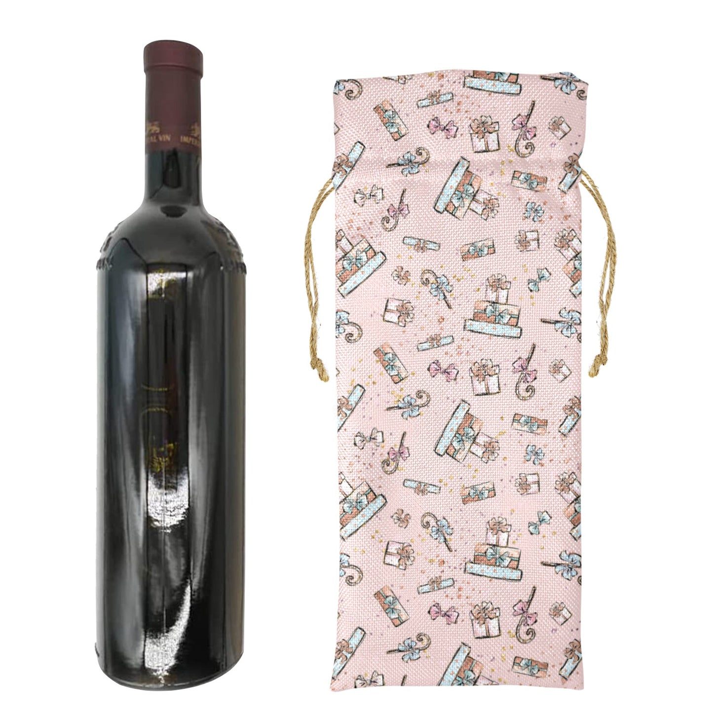 Pink Xmas Linen Wine Bottle Bag