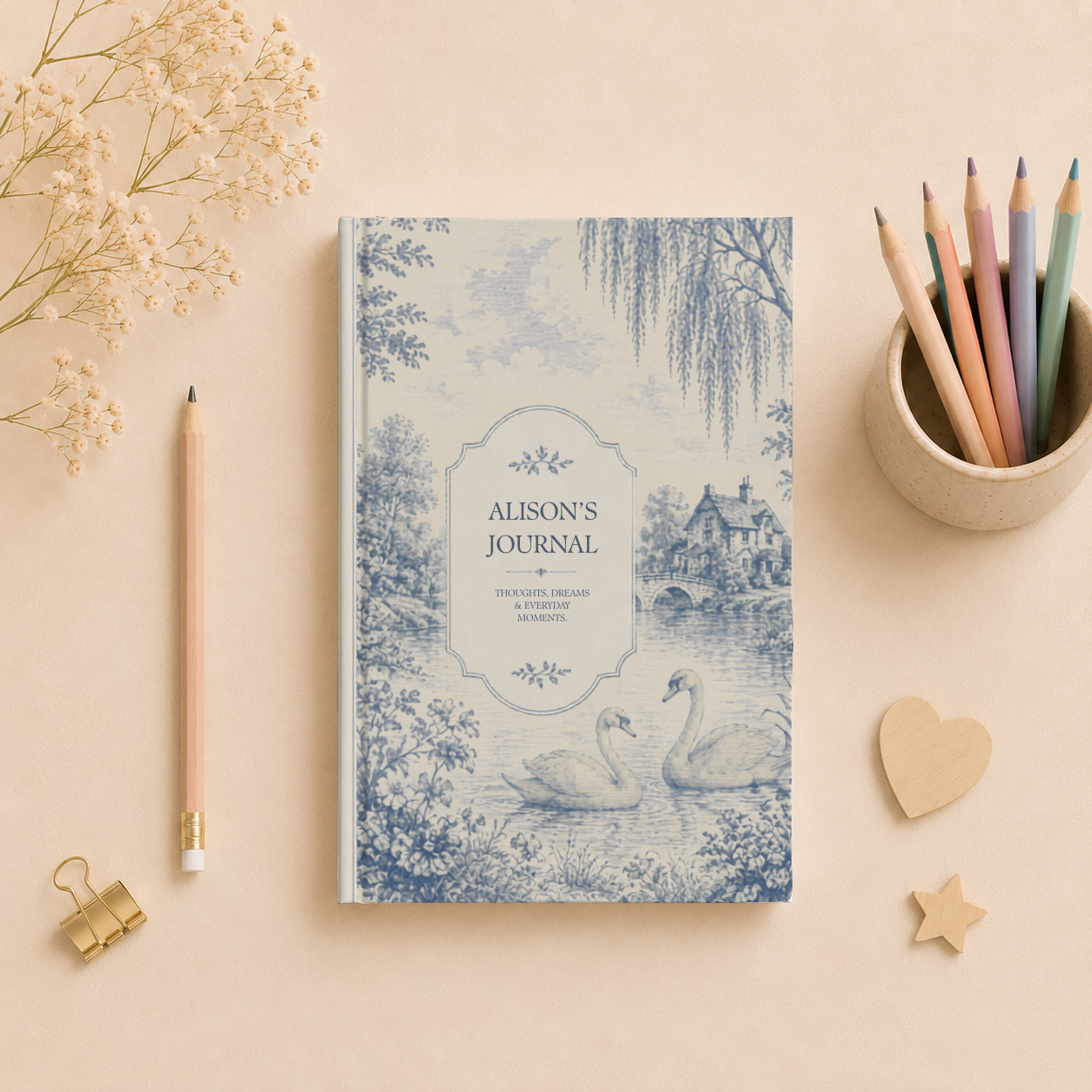 Custom Matte Hardcover Journal, Personalized Writing Notebook, Blue Vintage Style, Elegant Gift for Her, Unique Journal for Writers
