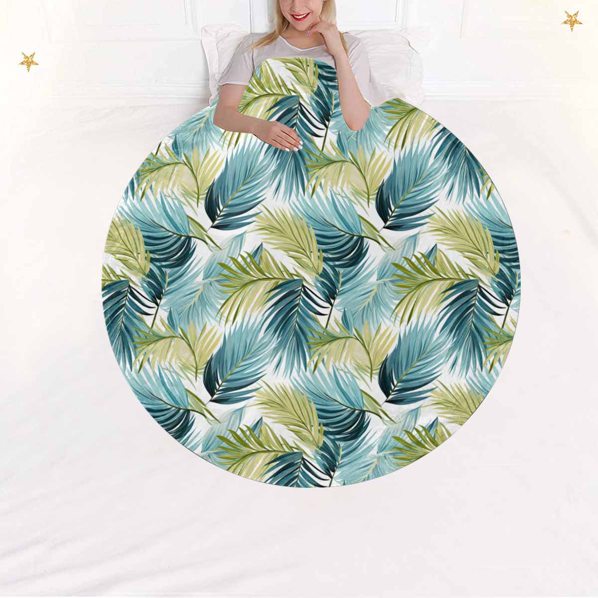 Palm Leaves Blue Green  Circular Micro Fleece Blanket 47"