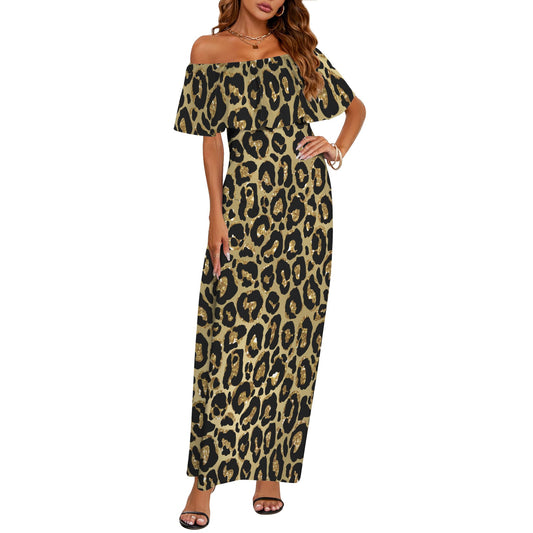 Animal print 4 Women's Off Shoulder Ruffle Boat Neck Dress (Model D71)