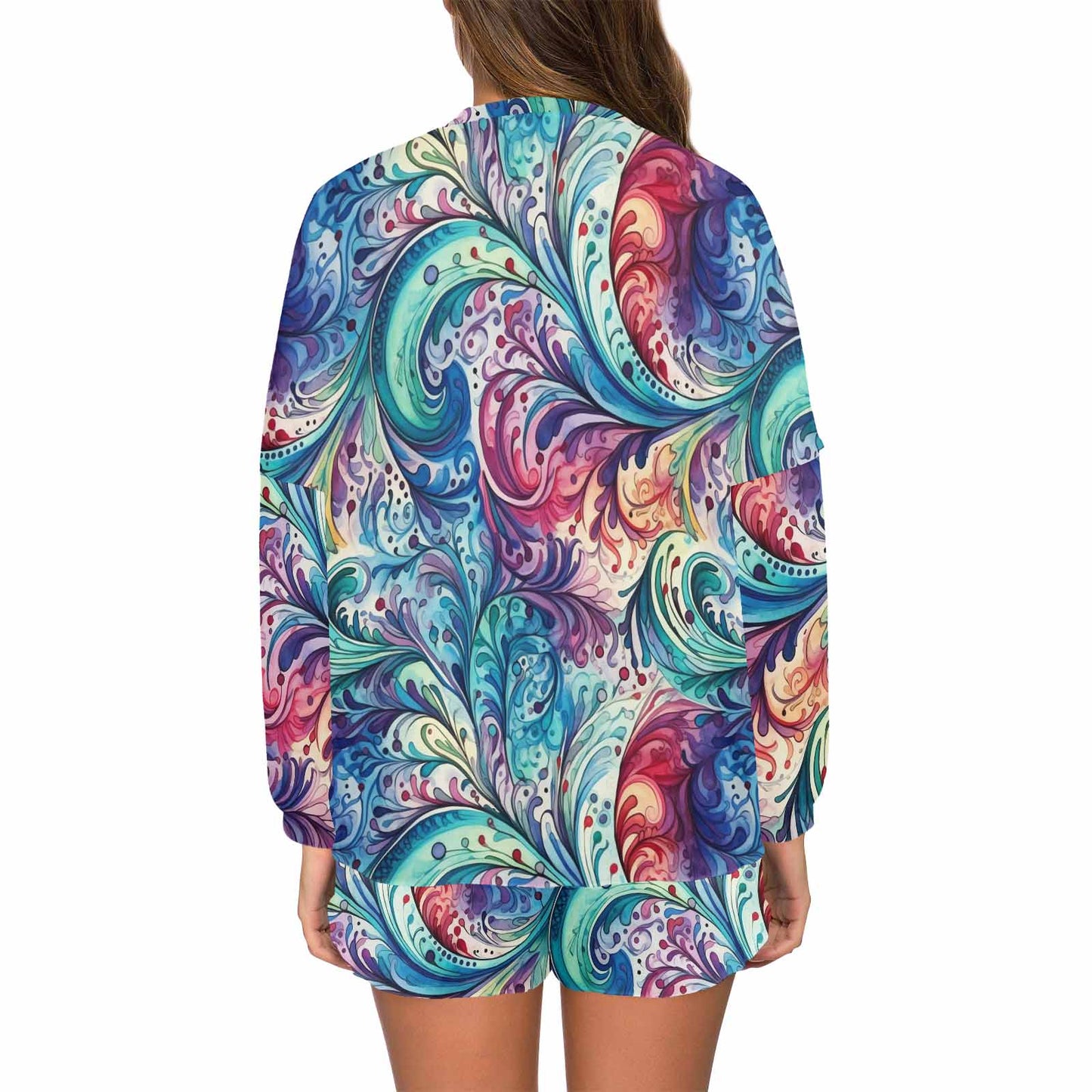 Rainbow Paisley Women's Long Sleeve Pajama Set with Shorts