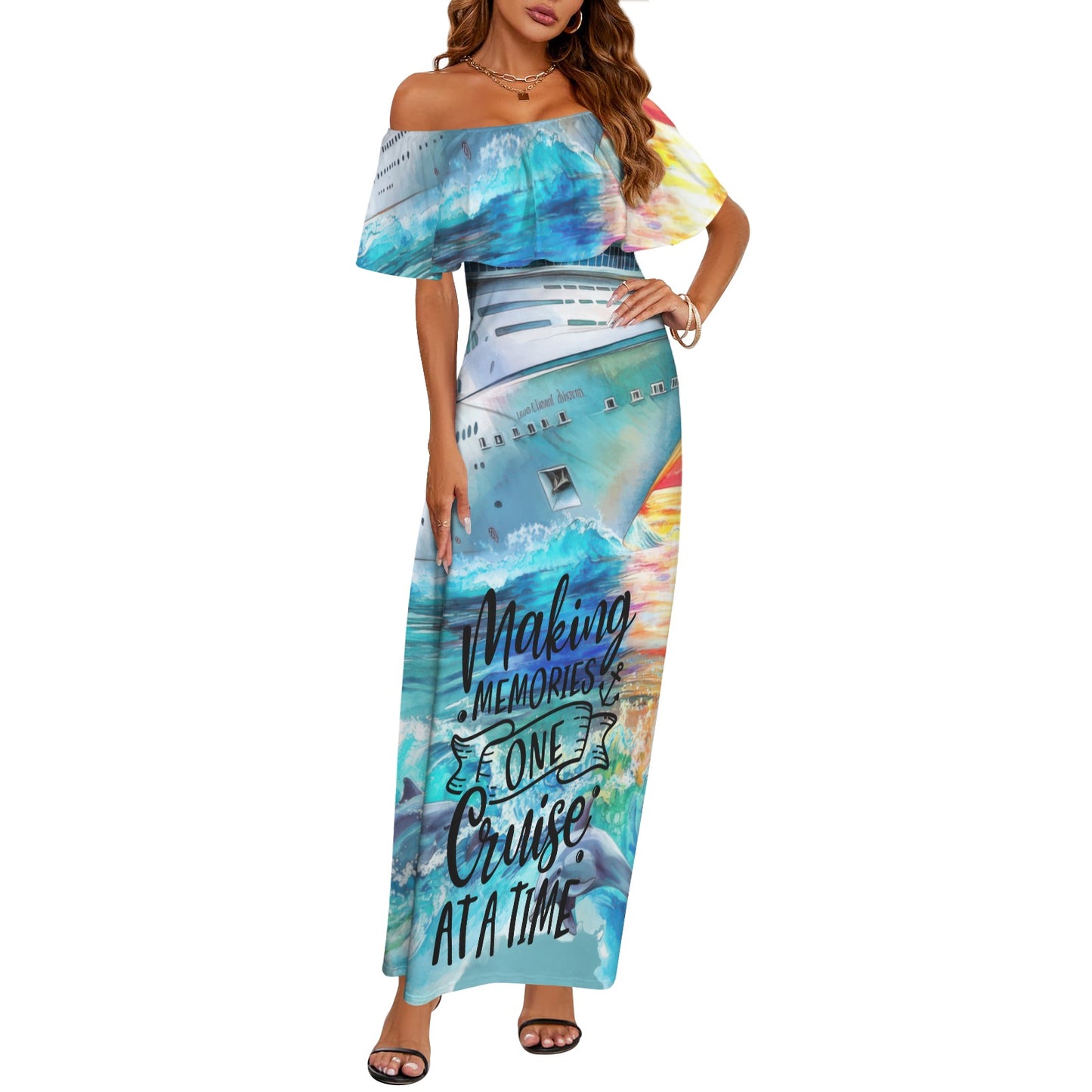 Making memories one cruise at a time-01 Women's Off Shoulder Ruffle Boat Neck Dress (Model D71)