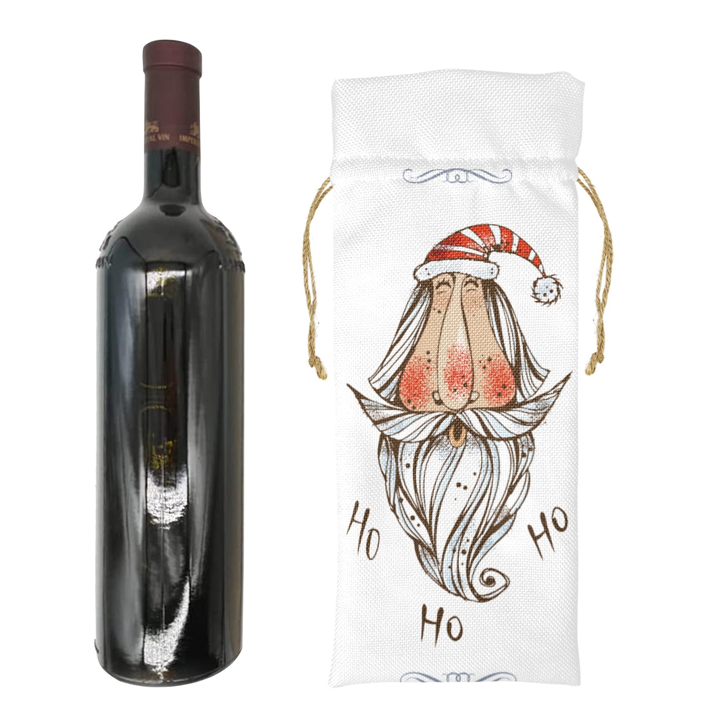 Whimsical Santa Linen Wine Bottle Bag