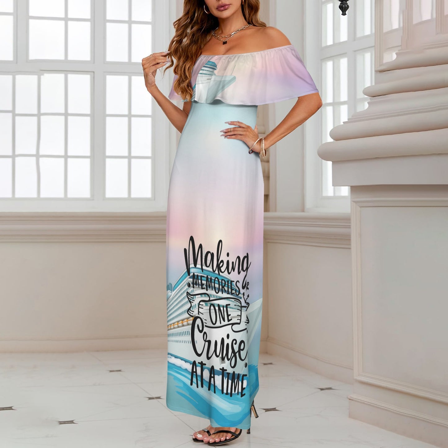 Making Memories one Cruise at a Time Women's Off Shoulder Ruffle Boat Neck Dress (Model D71)