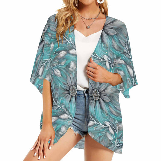 Green Elegant Floral Women's Kimono Chiffon Cover Up