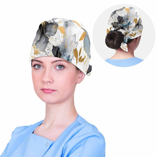 Nurse Scrub Cap Alcohol Ink Grey White and Gold Floral  Scrub Cap