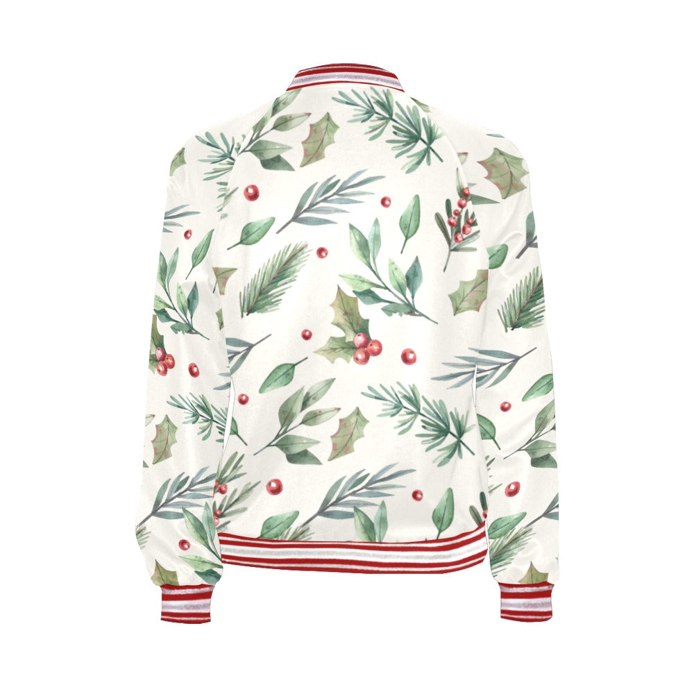 Christmas Poinsettia Pattern Bomber Jacket for Women