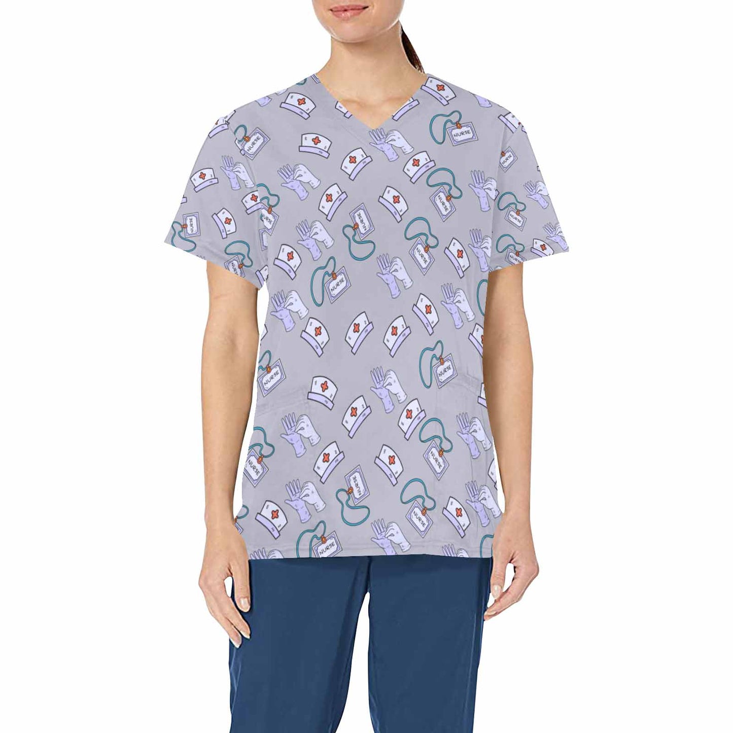 Nurse11  Women's V Neck Scrub Top Nurse Uniform with Deep Front Pockets