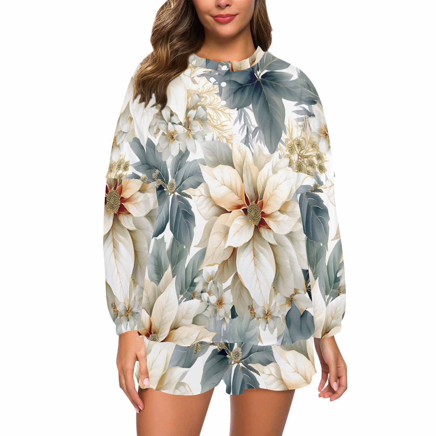 Cream Poinsettia  Women's Long Sleeve Pajama Set with Shorts