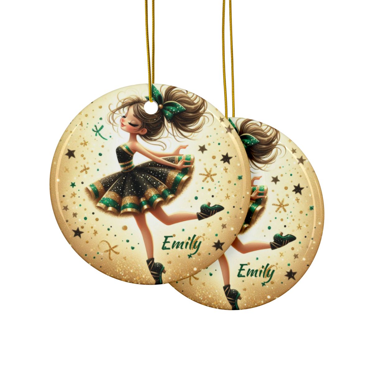 Cheerleader Green and Gold Personalised Ceramic Ornaments