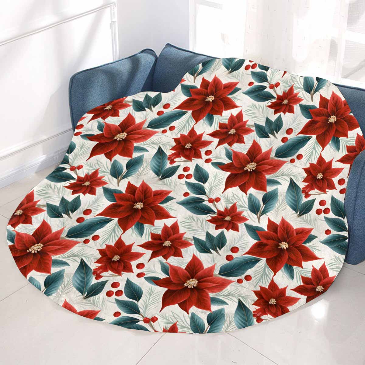 Christmas Red Poinsettia  Circular Micro Fleece Blanket 47"