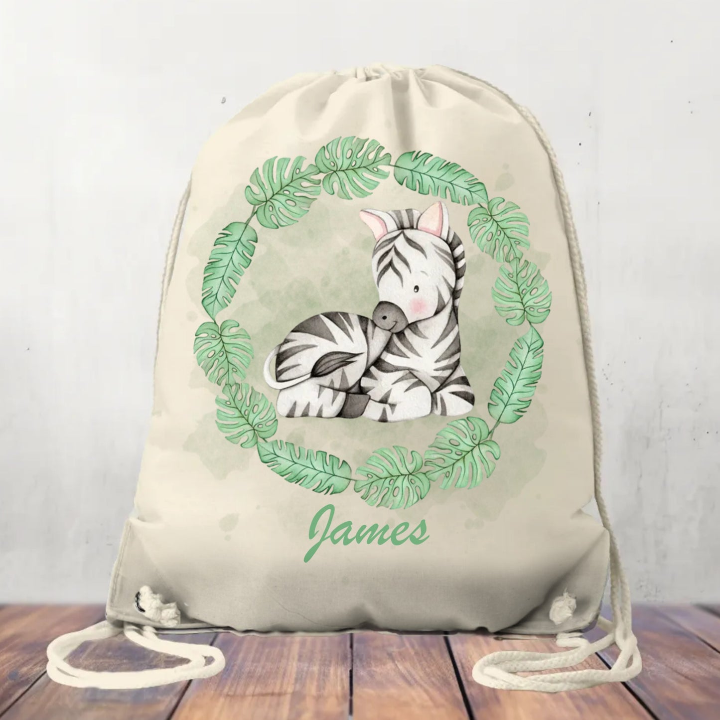 Personalised Canvas Drawstring Bag, Safari Wreath